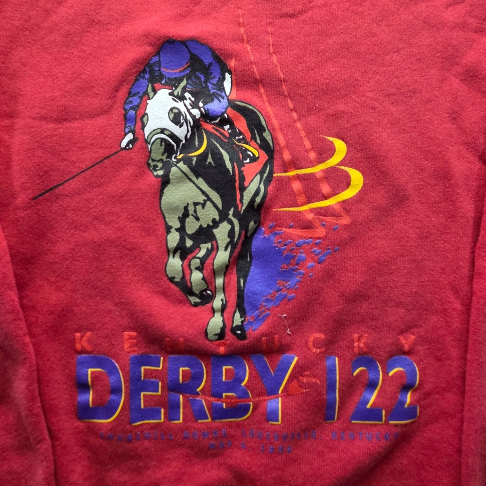 VTG Kentucky Derby 122 Horse Racing Graphic Red‎ Crewneck Sweatshirt Mens L